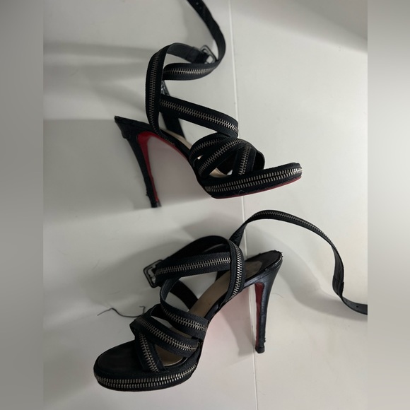 Christian Louboutin Black Open Toe Sling Sandal Heels 37 7.5 Rodita Zipper RARE - Picture 2 of 8